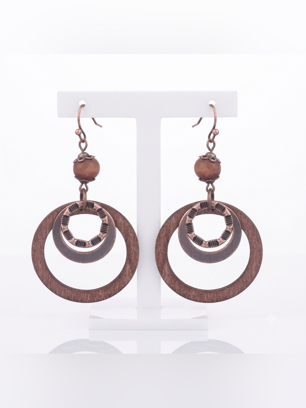 New Bronze Bohemian Silver & Wood Geometric Layered Circle Dangle Earrings